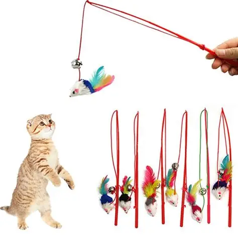 Cat Toy Mouse On A Stick Teaser Metal Bell Feather Play Pet Dang